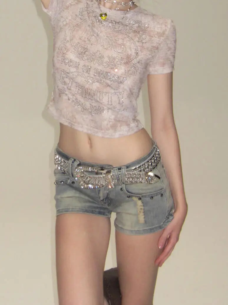 Diamond Flower Mesh Short Sleeve T-shirt - PWM