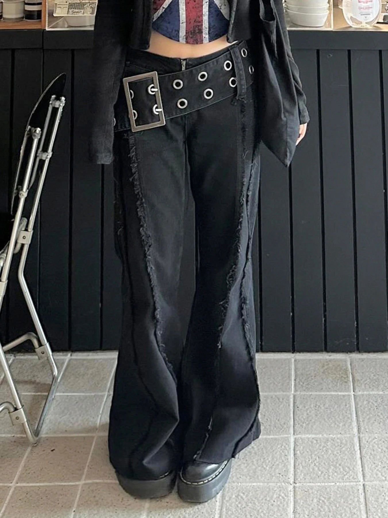 Wide Sashes Metal Buckle Flare Jeans