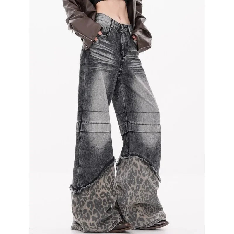 Patchwork Leopard Wide Leg Washed Jeans
