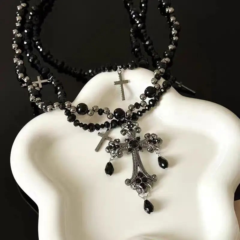 Multi Layer Cross Choker Pendant Necklace