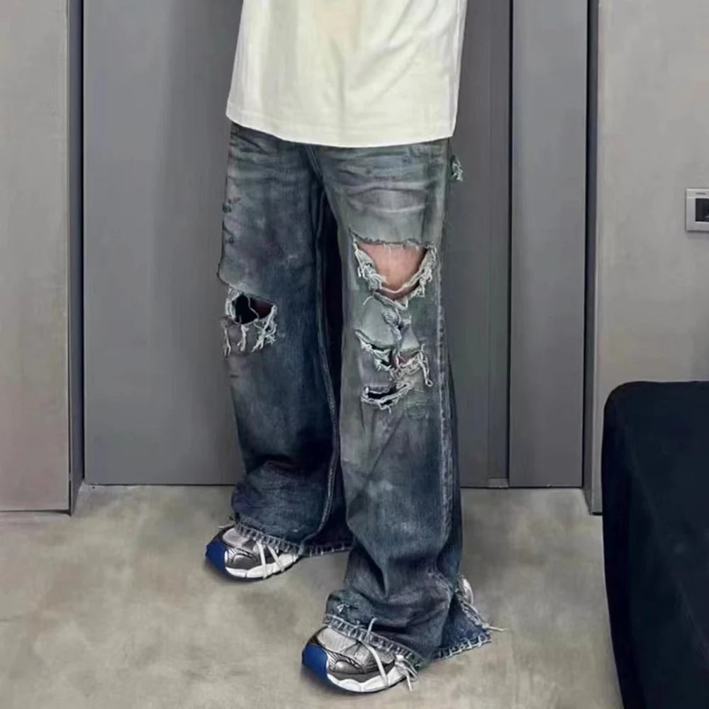 Damaged Hole Baggy Wide Leg Jeans - PWM