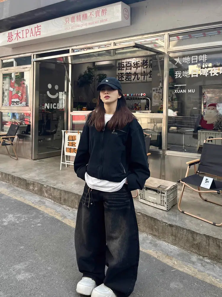 Black Embroidery Washed Baggy Jeans