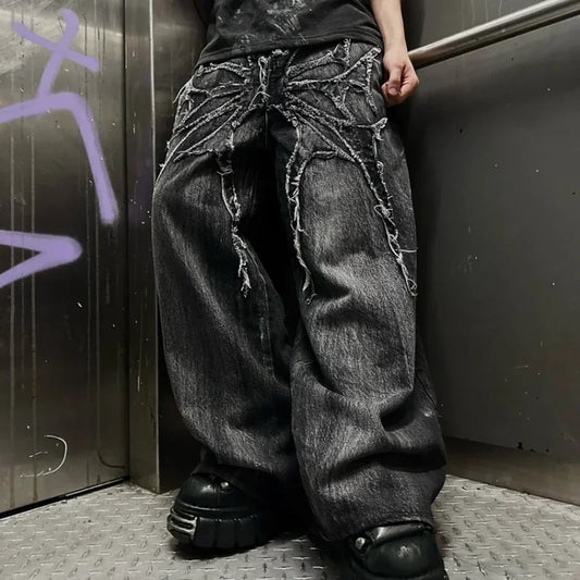 Splicing Embroidery Pattern Baggy Jeans