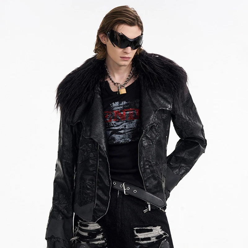 Fur Neck Patchwork Leather Jacket - PWM