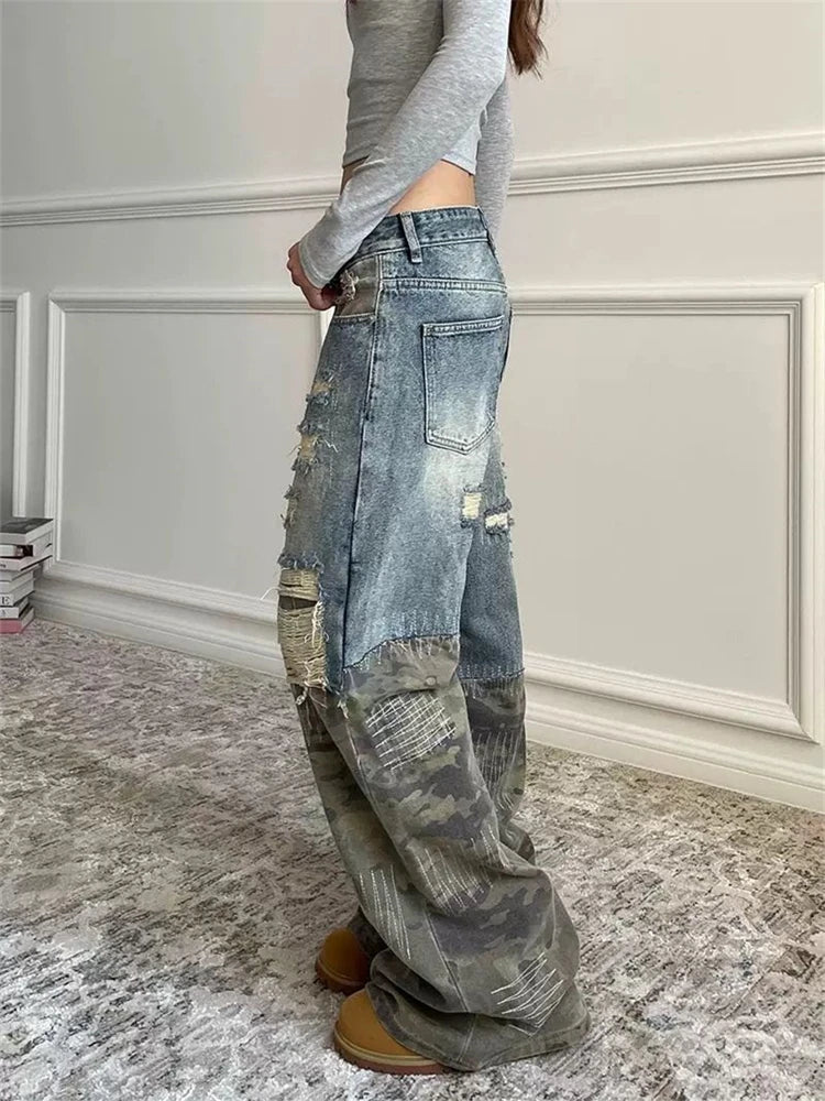 Camouflage Seam Patch Straight Jeans - PWM