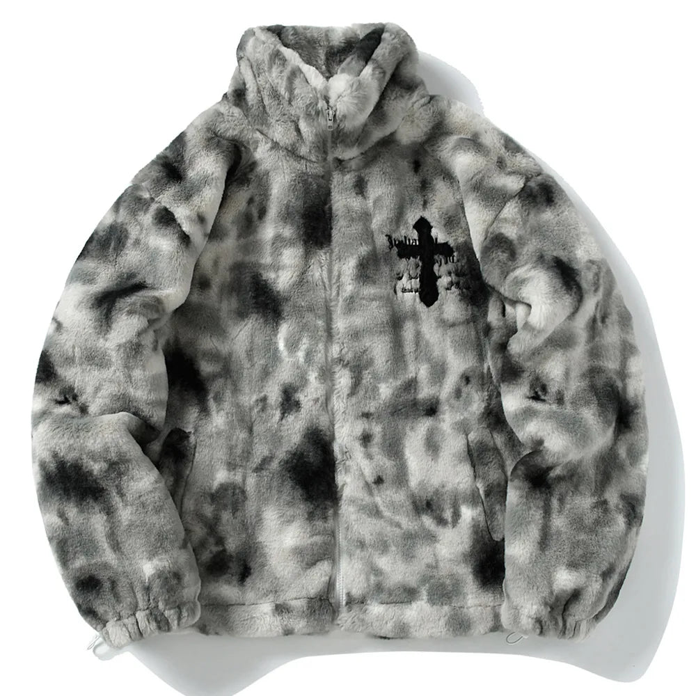Cross Embroidery Fleece Boa Jacket