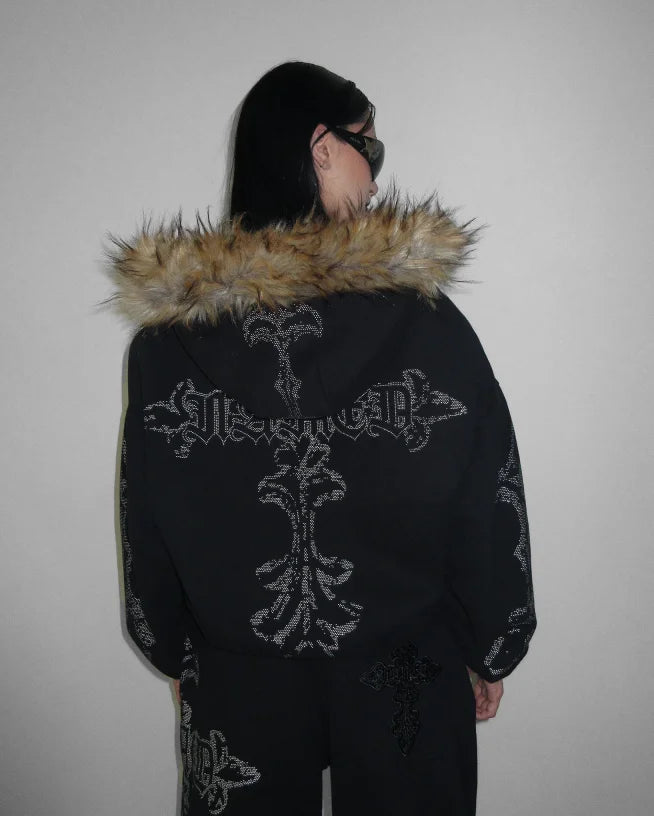 Rhinestone letter printed fur collar zipper hoodie - PWM