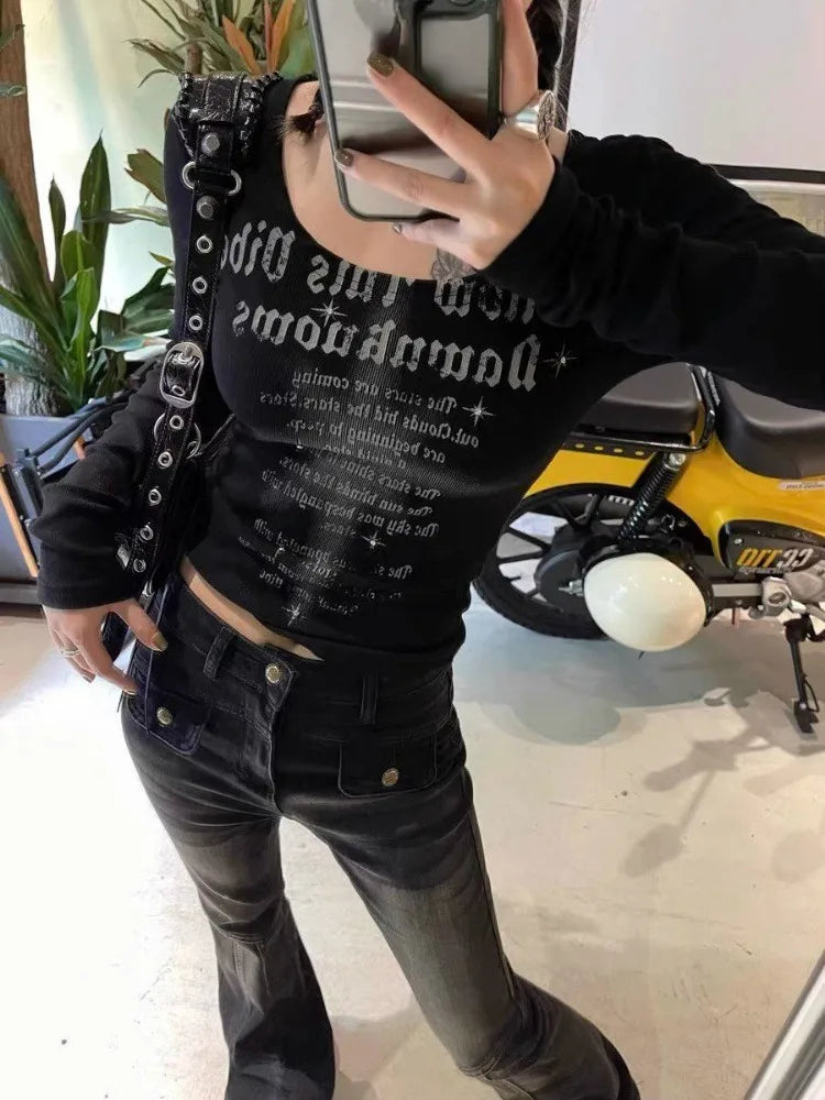 Gothic Letter Print Long Sleeve Tops
