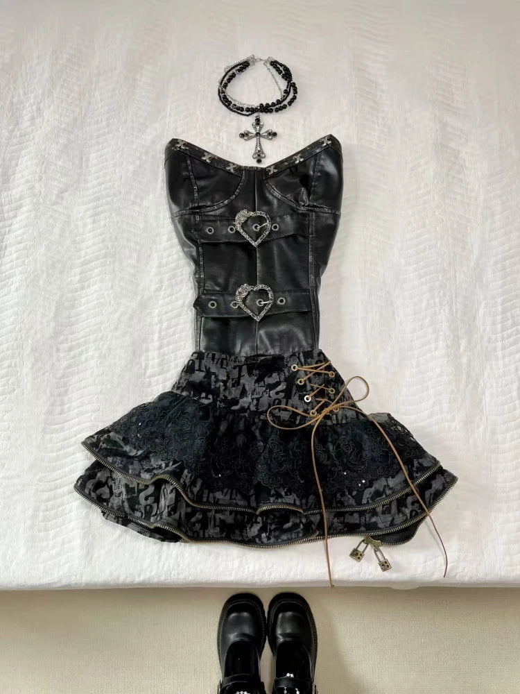 Gothic Off Shoulder Skinny Ruffle Short Skirt Set