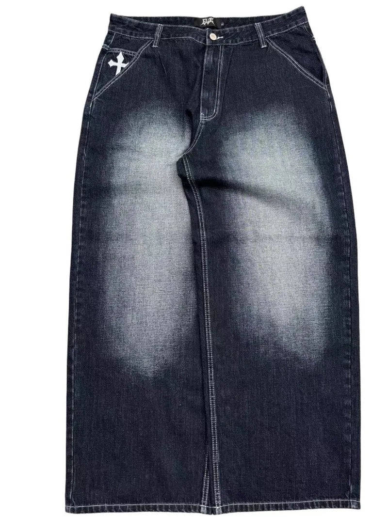 Cross Embroidery Baggy Jeans - PWM