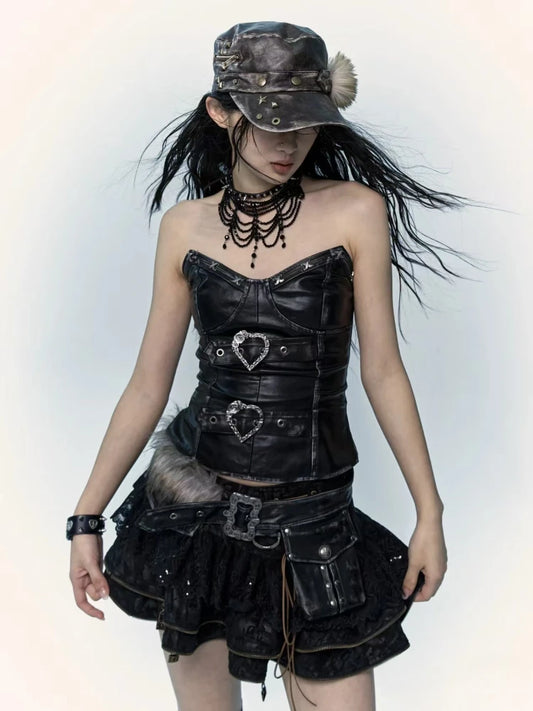 Gothic Off Shoulder Skinny Ruffle Short Skirt Set