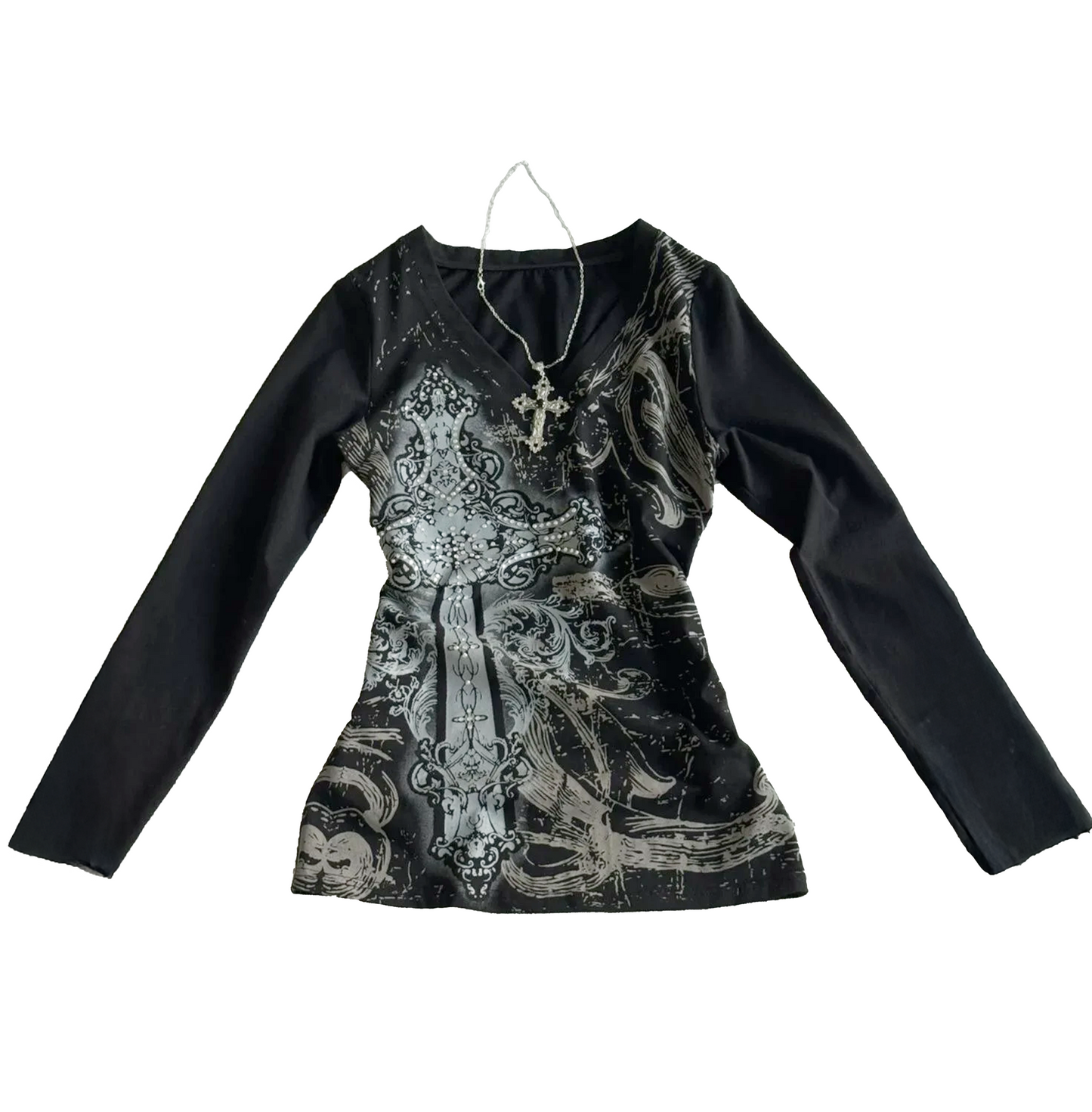 V-Neck Gothic Cross Print Long Sleeve Tops