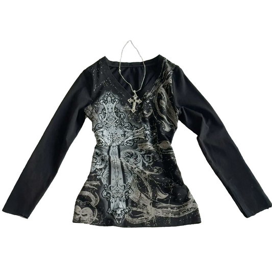 V-Neck Gothic Cross Print Long Sleeve Tops