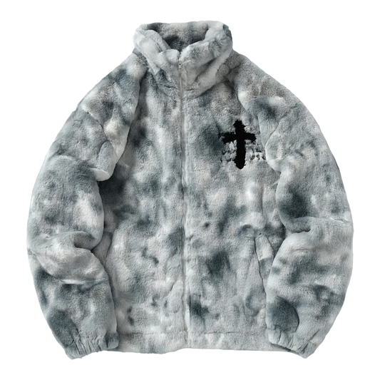 Cross Embroidery Fleece Boa Jacket