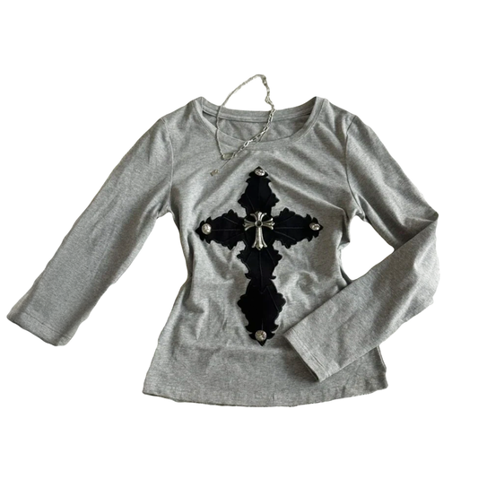 Cross Patchwork Rivet Long Sleeve Tops