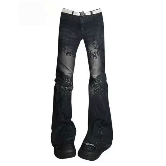 Gothic Floral Print Flare Jeans