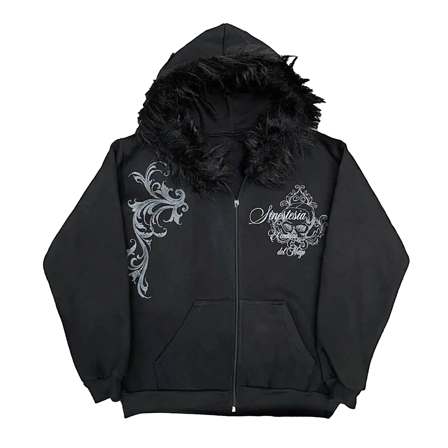 Fur Collar Gothic Tribal Print Zipper Hoodie