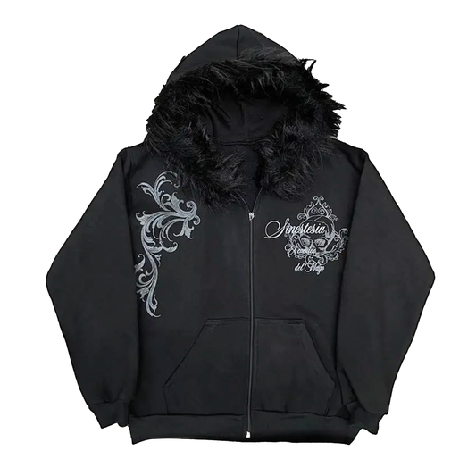 Fur Collar Gothic Tribal Print Zipper Hoodie