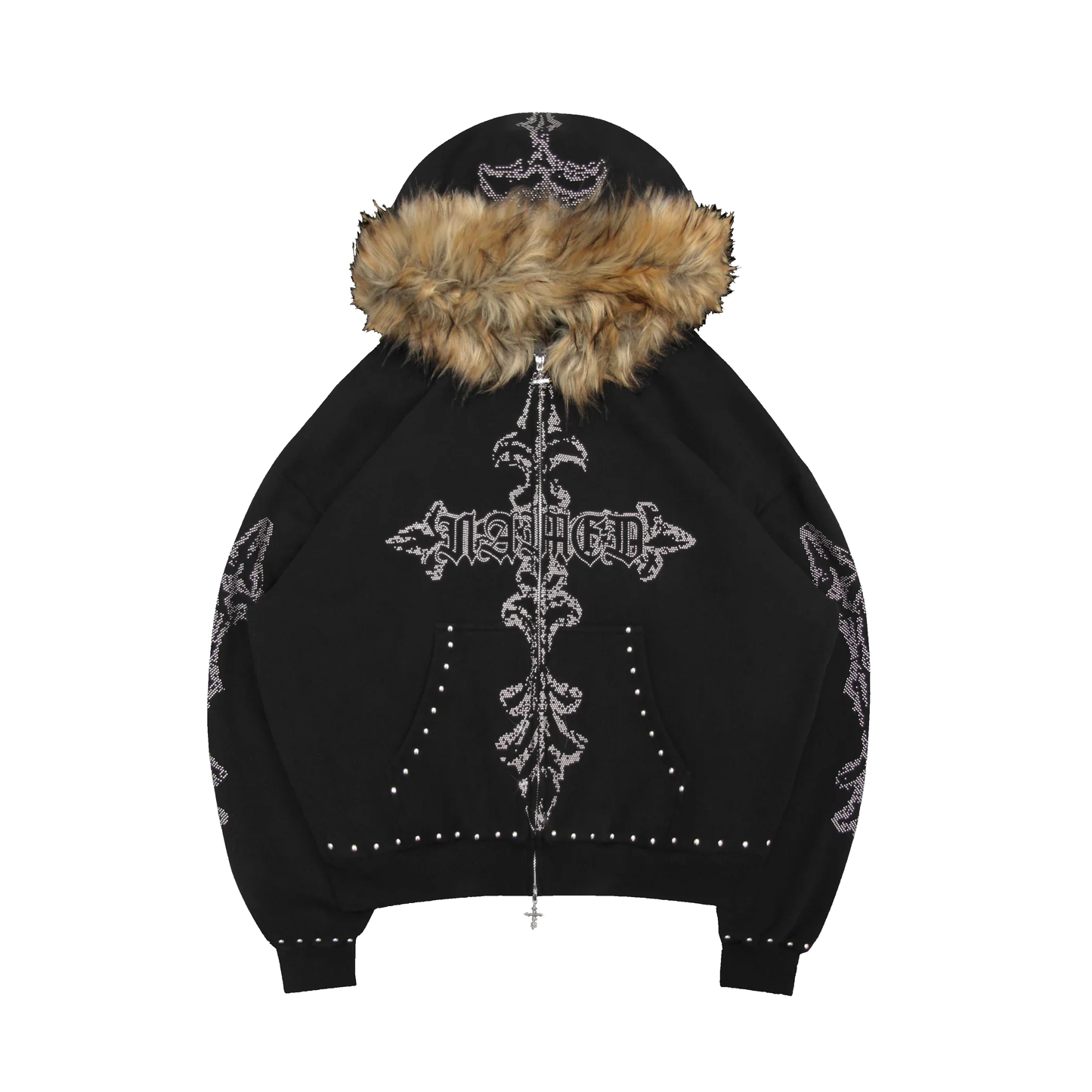 Rhinestone letter printed fur collar zipper hoodie - PWM