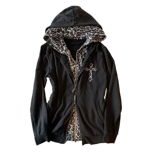 Leopard Print Double Zipper Hoodie