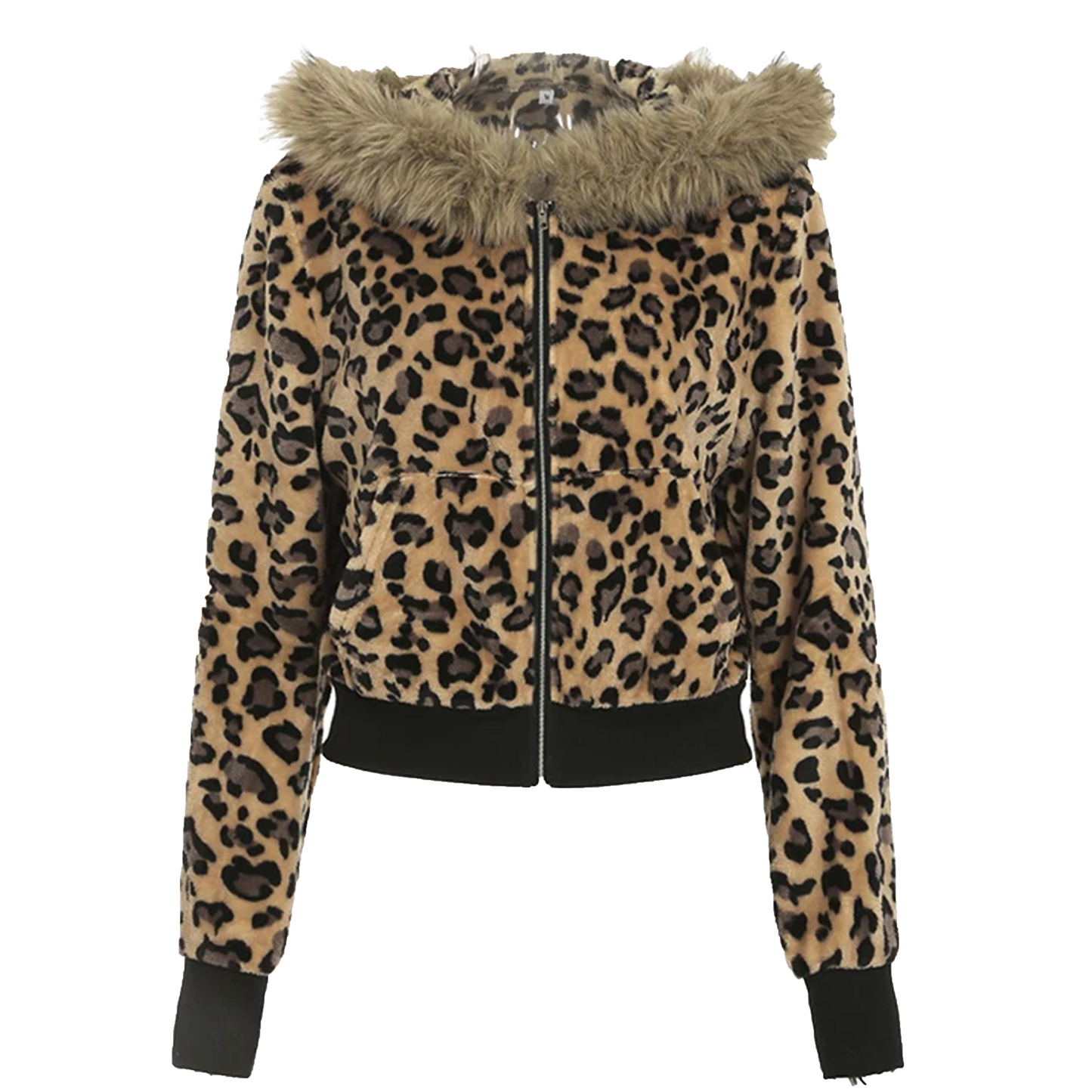 Fur Trim Leopard Zipper Hoodie - PWM