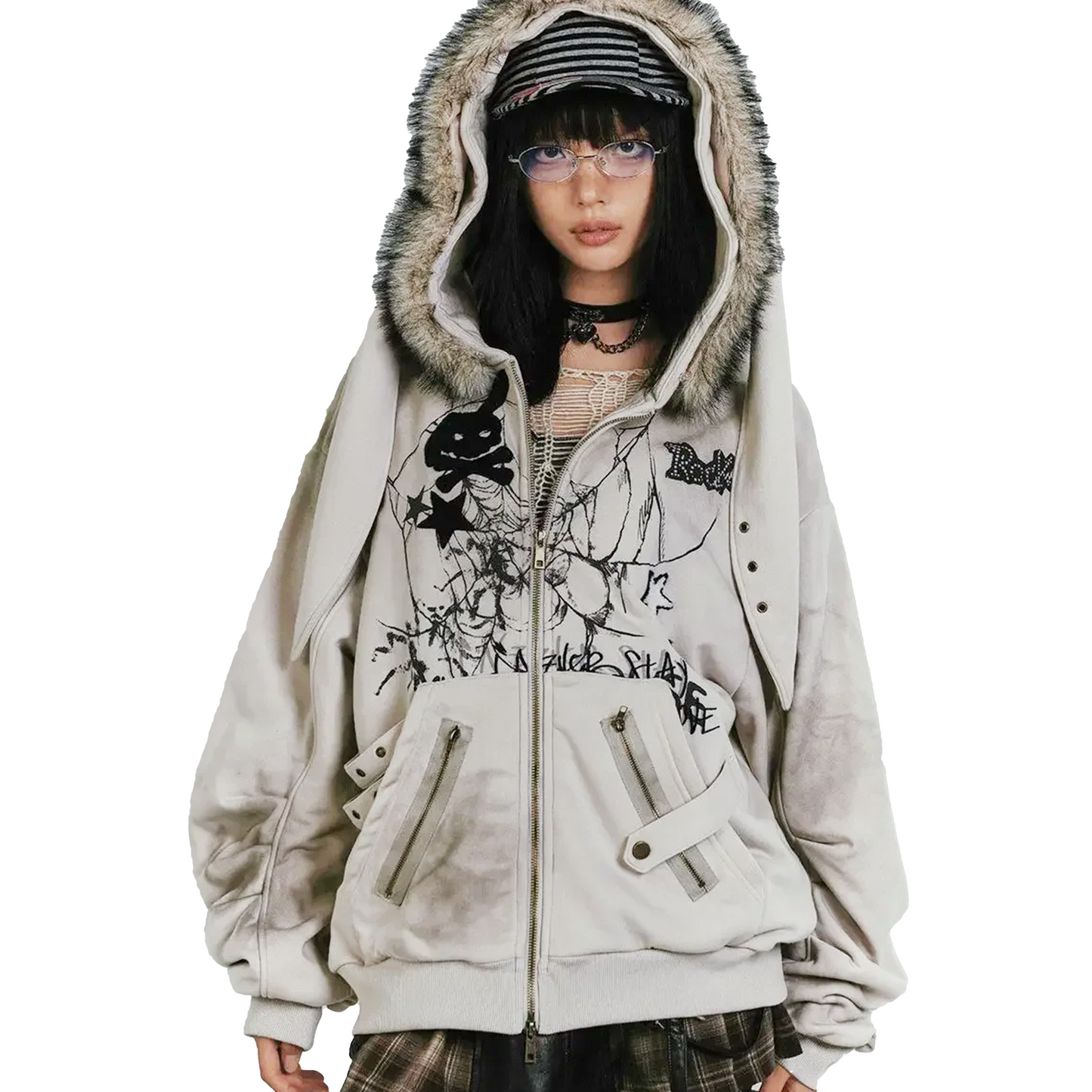 Rabbit Ears Fur Collar Zipper Hoodie