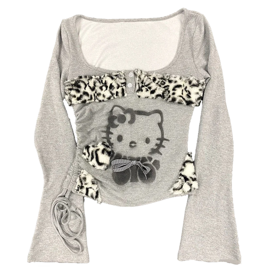 Leopard Patchwork Kitty Long Sleeve Tops