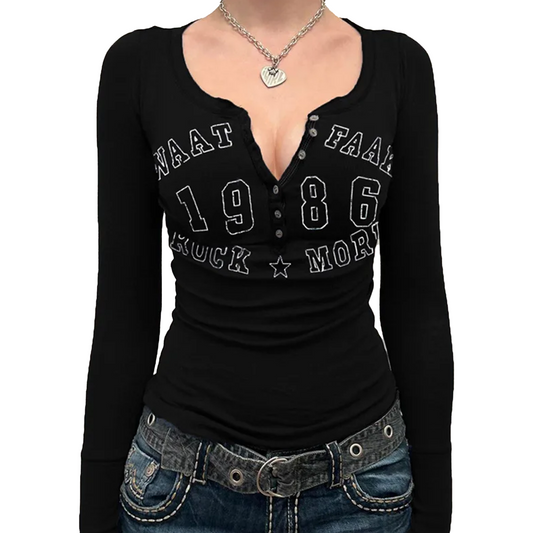 Slim Fit Letter Print Long Sleeves Tops - PWM