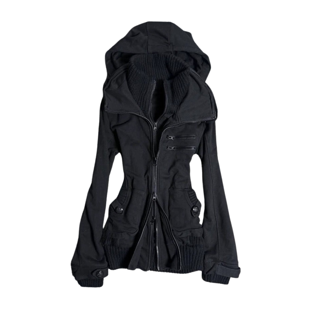 Gothic Rose Rib-Trim Hooded Zip Jacket