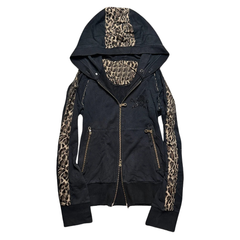 Leopard-Panel Rhinestone Skull Zip Jacket