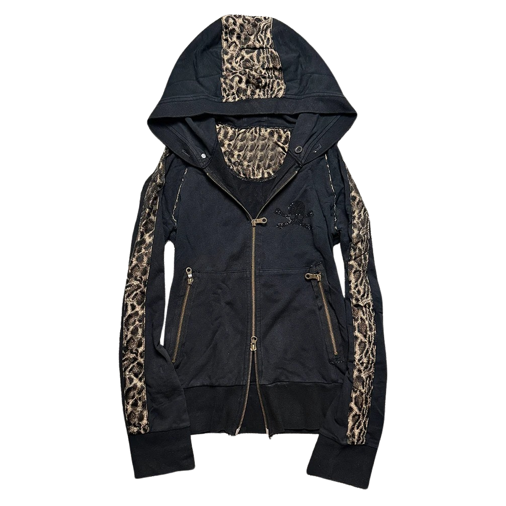 Leopard-Panel Rhinestone Skull Zip Jacket