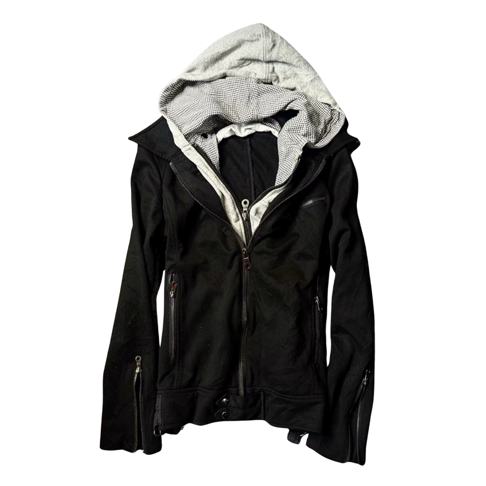 Faux Two-Piece Patchwork Hooded Zip Jacket