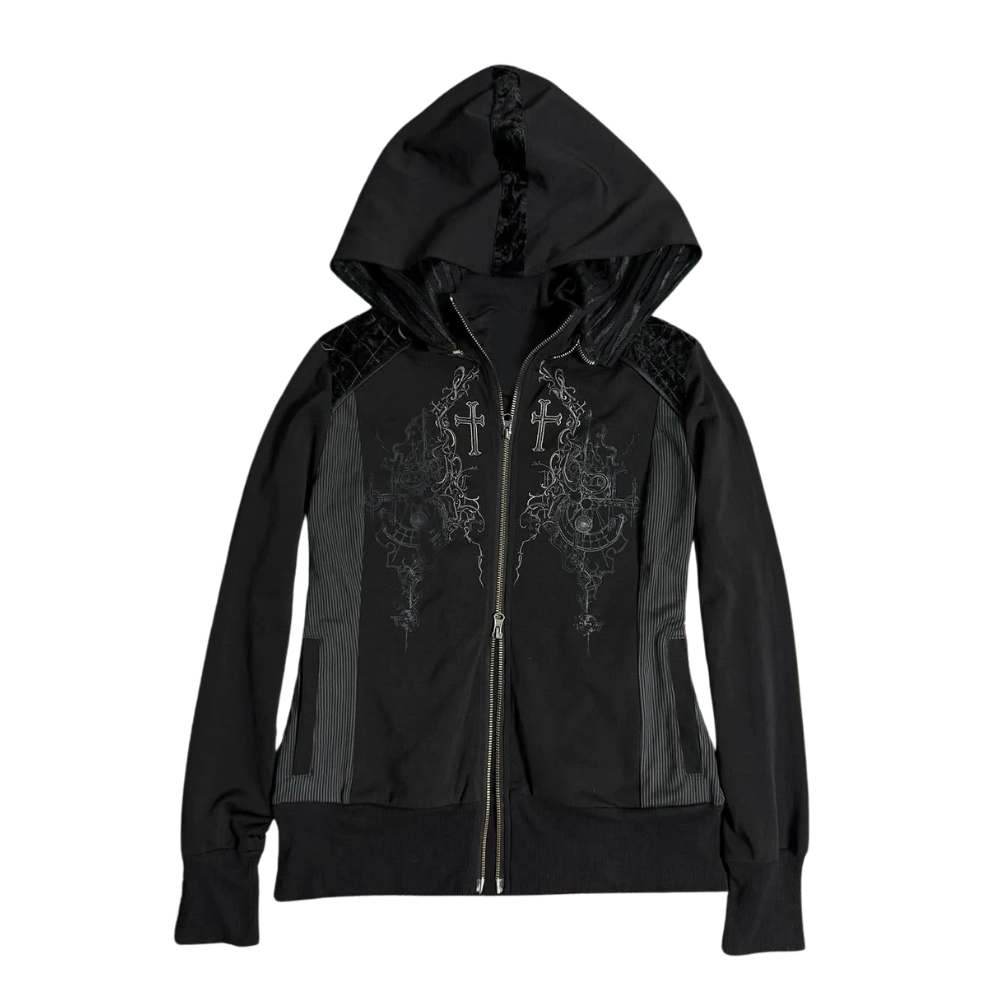 Gothic Cross Embroidered Zip Hoodie