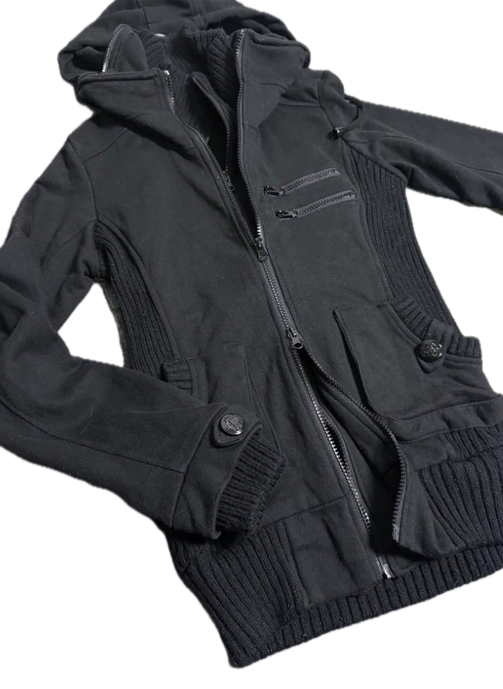 Gothic Rose Rib-Trim Hooded Zip Jacket