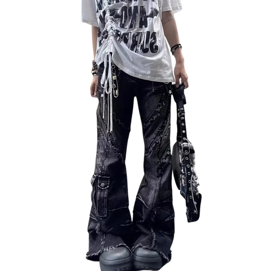 2000s Distressed Baggy Flare Patchwork Jeans - PWM