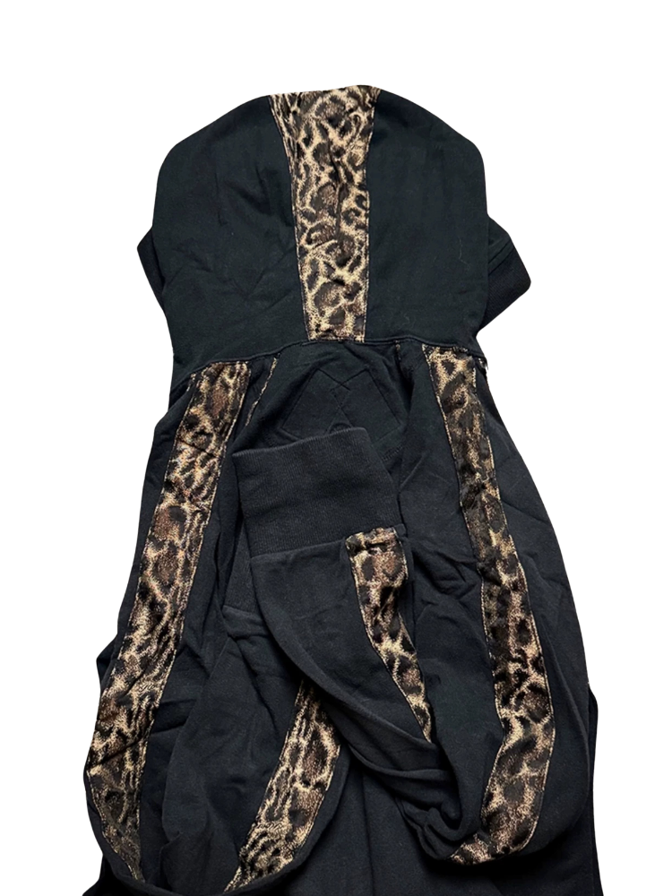 Leopard-Panel Rhinestone Skull Zip Jacket