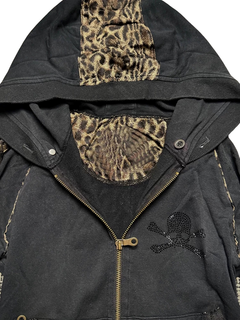 Leopard-Panel Rhinestone Skull Zip Jacket