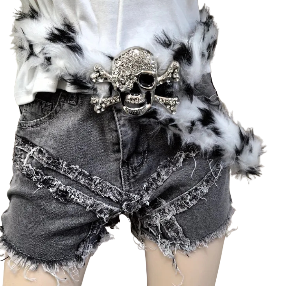 Skull Buckle Furry Leopard Fur Belt