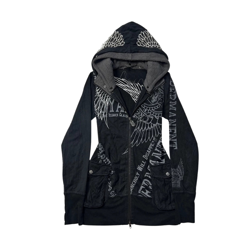 Y2K Gothic Wing Crown Zip-Up Hoodie
