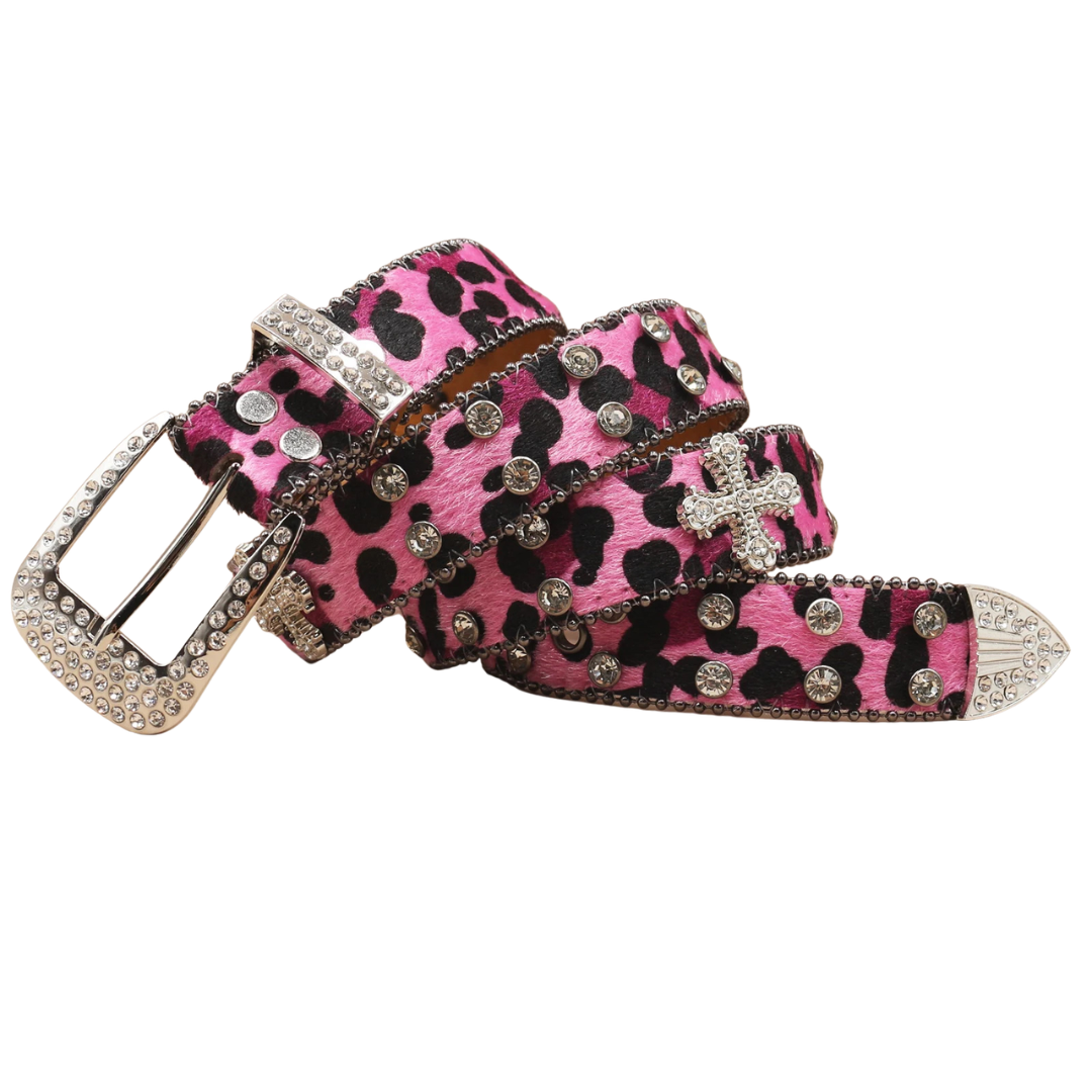 Leopard Rhinestone Leather Belt