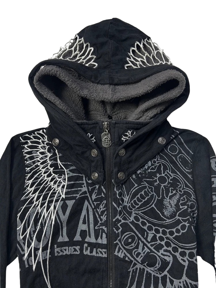 Y2K Gothic Wing Crown Zip-Up Hoodie