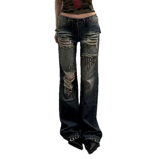 Spicy girl rivet splicing jeans