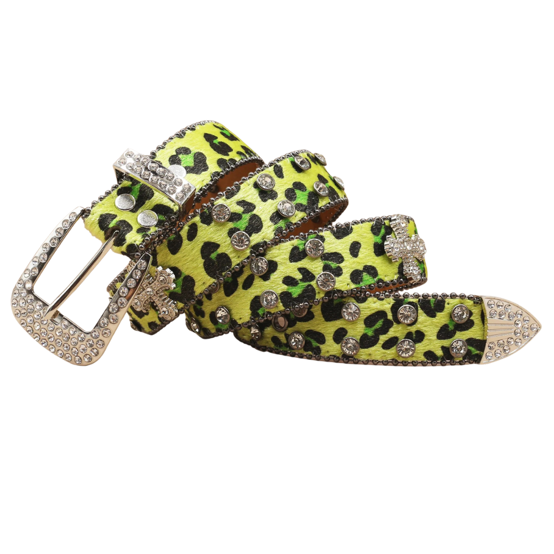 Leopard Rhinestone Leather Belt