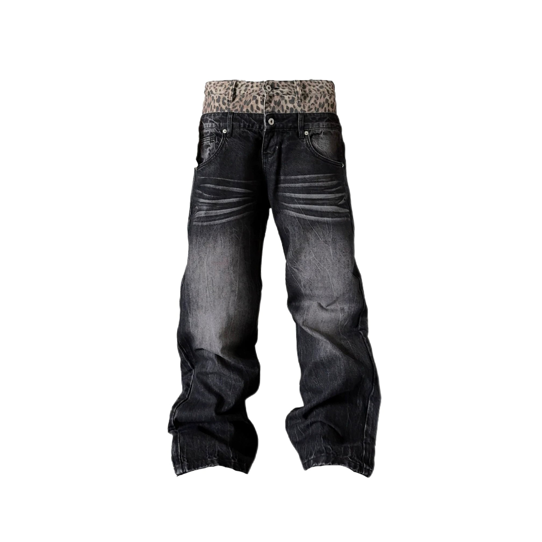 Leopard Double-Waist Washed Baggy Jeans