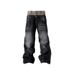 Leopard Double-Waist Washed Baggy Jeans