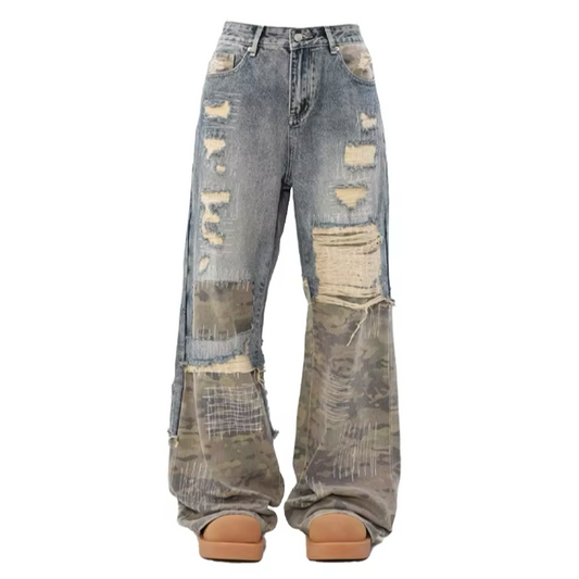 Camouflage Seam Patch Straight Jeans