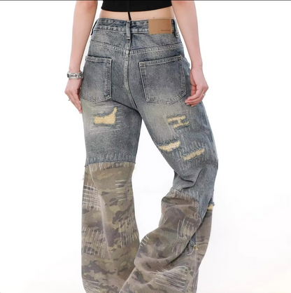 Camouflage Seam Patch Straight Jeans