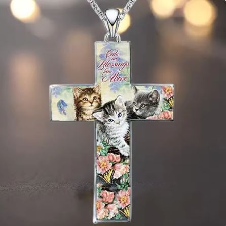 Three Cats Cross Pendant Necklace