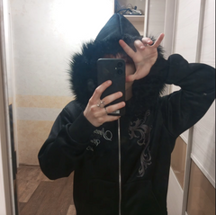 Fur Collar Gothic Tribal Print Zipper Hoodie - PWM