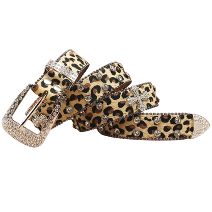 Leopard Rhinestone Leather Belt